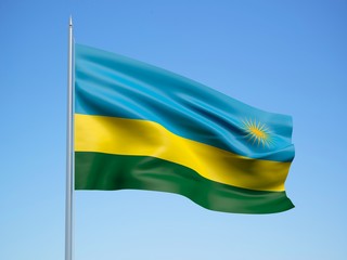 Rwanda 3d flag floating in the wind with a blue sky background