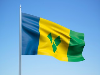 Saint Vincent and the Grenadines 3d flag floating in the wind with a blue sky background