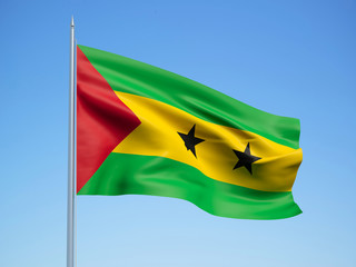 Sao Tome and Principe 3d flag floating in the wind with a blue sky background