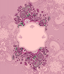 Vintage frame with doodle flowers on pink lilac