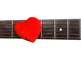 Valentines Day background with hearts on vintage guitar on white.