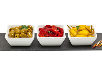 Antipasto Appetizers Isolated on white background. Selective focus.