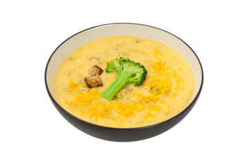 Broccoli Cheddar Soup isolated on a white background. Selective focus.