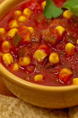 Salsa with Corn and tortilla chips. Selective focus.