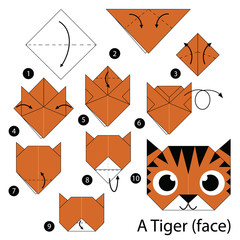 step by step instructions how to make origami A Tiger (face). - obrazy, fototapety, plakaty