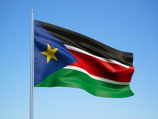 South Sudan 3d flag floating in the wind with a blue sky background