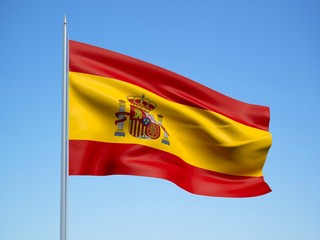 Obraz premium Spain 3d flag floating in the wind with a blue sky background