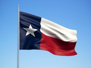 Texas 3d flag floating in the wind with a blue sky background