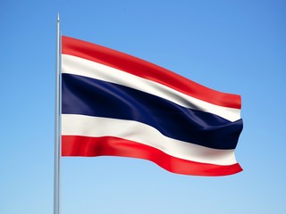 Thailand 3d flag floating in the wind with a blue sky background