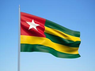 Togo 3d flag floating in the wind with a blue sky background