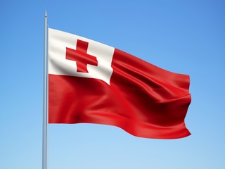 Tonga 3d flag floating in the wind with a blue sky background