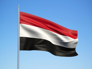 Yemen 3d flag floating in the wind with a blue sky background