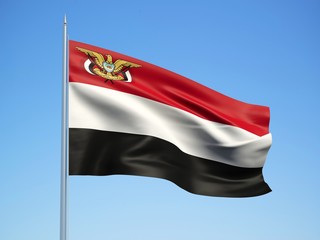 Yemen 3d flag floating in the wind with a blue sky background