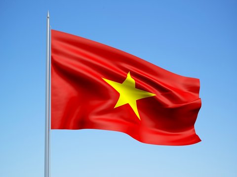Vietnam 3d flag floating in the wind with a blue sky background