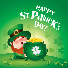 Happy Saint Patricks Day! Leprechaun on the clover field.