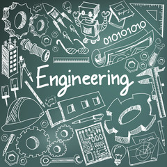 Mechanical, electrical, civil, chemical and other engineering education profession chalk handwriting doodle icon tool sign and symbol in blackboard background for subject presentation title (vector)