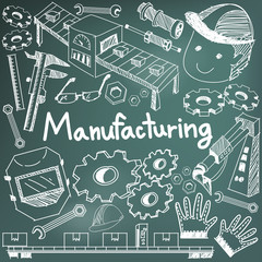 Manufacturing and operation system in factory production assembly line handwriting doodle sketch tools sign and symbol in blackboard background for education presentation or introduction (vector)