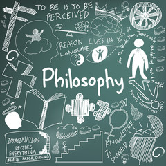 World philosophy and religion doctrine chalk handwriting doodle sketch design subject sign and symbol in blackboard background for education subject presentation or introduction with text (vector) 