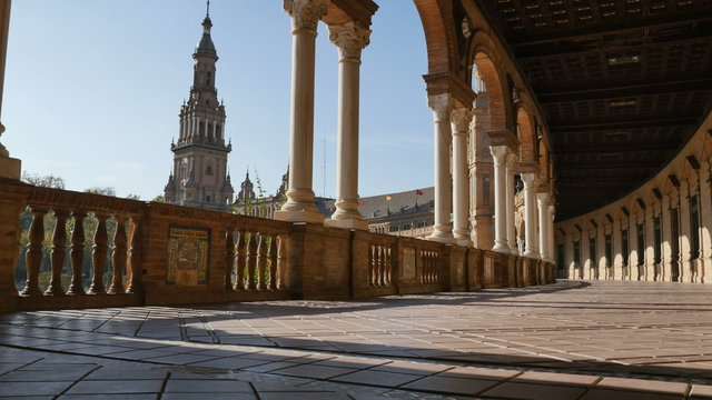 Interior gallery in Spain Square (Plaza de Espa&ntilde;a) which is in the Maria Luisa Park, in Seville. It is a landmark example of the Renaissance Revival style in Spanish architecture. 4K, UHD.