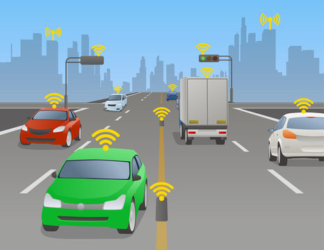 signalized intersection and various vehicle, Traffic and wireless network, Intelligent Transport Systems, Internet of Things, vector illustration