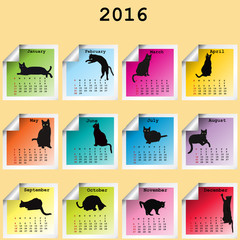 2016 Calendar with black cats silhouettes