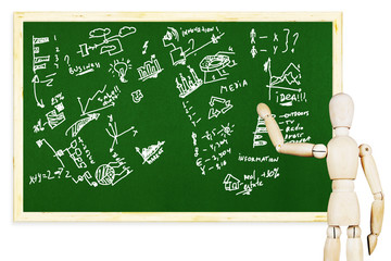 Man draws various graphs and charts on the green chalkboard. Abstract image with a wooden puppet
