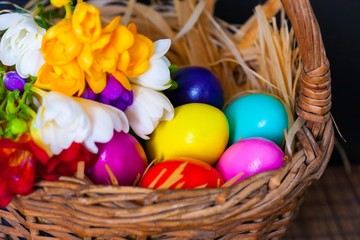 Fototapeta na wymiar Easter eggs and freesia in basket
