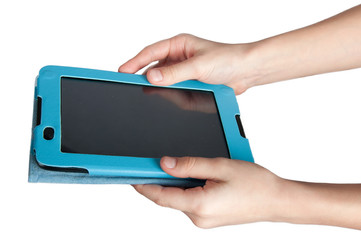 Kid's hands holding digital tablet isolated