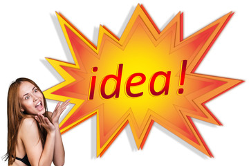 Woman near image of comic book explosion