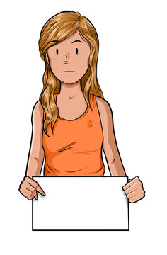 Ilustración de niña blanca guera sosteniendo cartel en blanco siendo etiquetada por abuso escolar bullying