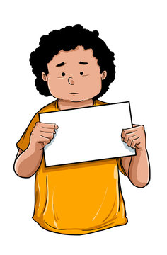 Ilustración de niño gordo de pelo rizado sosteniendo cartel en blanco siendo etiquetado por abuso escolar bullying