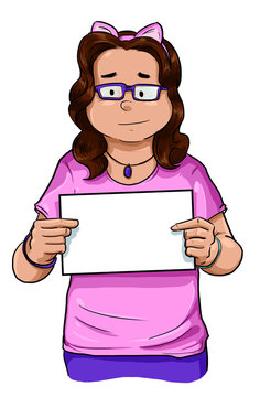 Ilustraci&oacute;n de ni&ntilde;a friki gordita sosteniendo cartel en blanco siendo etiquetada por abuso escolar bullying
