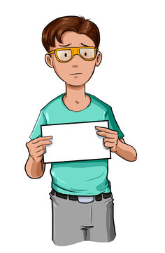Ilustraci&oacute;n de ni&ntilde;o geek nerd sosteniendo cartel en blanco siendo etiquetado por abuso escolar bullying