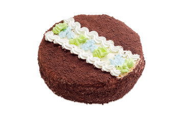 Sponge cake dusted with cocoa powder and chocolate chips