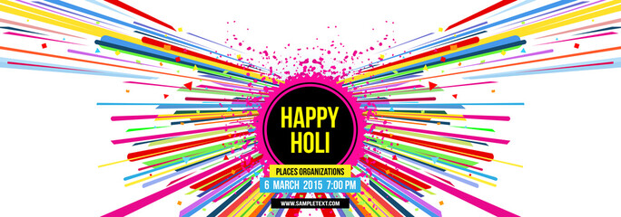 Creative template for Indian festival Happy Holi celebrations with multi color splash and strips on white background. Beautiful Indian festival Happy Holi. - obrazy, fototapety, plakaty