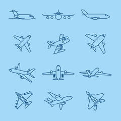 Airplane and aircraft thin line dark blue icons on blue background. Vector illustration