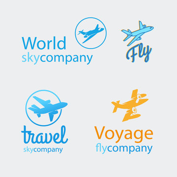 Colorful travel logo set with airplanes on whie background. Vector illustration