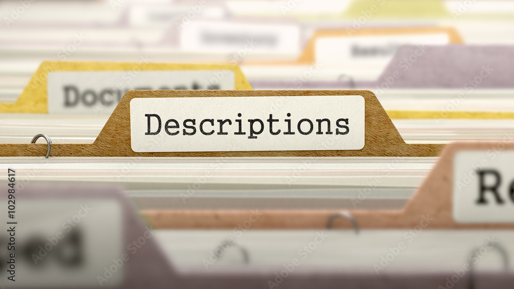 Poster folder in colored catalog marked as descriptions closeup view. selective focus. 3d render.