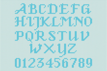 Blue knitted alphabet and figures