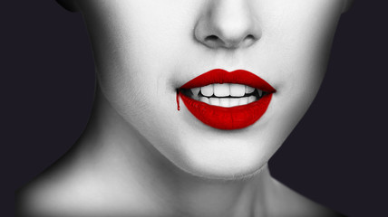 Sexy vampire woman lips with dripping blood - obrazy, fototapety, plakaty