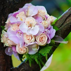 wedding flowers bouquet pink rose and lilac orchid