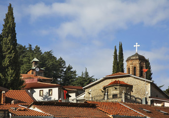 Clock tower and church of Assumption in Ohrid. Macedonia