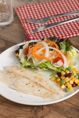 Tasty fish fillet steak with salad vegetables.
