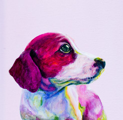 Kumpel Portret młody pies, szczeniak w neonowych kolorach. Patrząc i tęskniąc za uwagą - 102986487