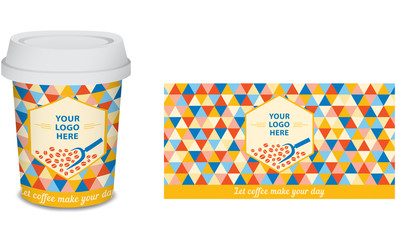 Paper cup/mug coffee design for your company in vector, blue, red, yellow. Only add your logo.