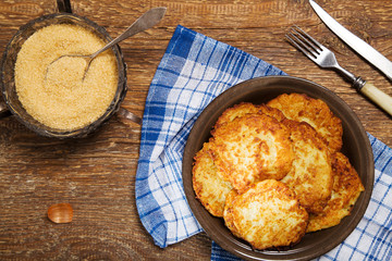 Homemade potato pancakes with brown sugar from cane.