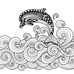 Naklejka premium Hand drawn zentangle dolphin with scrolling sea wave for coloring book for adult