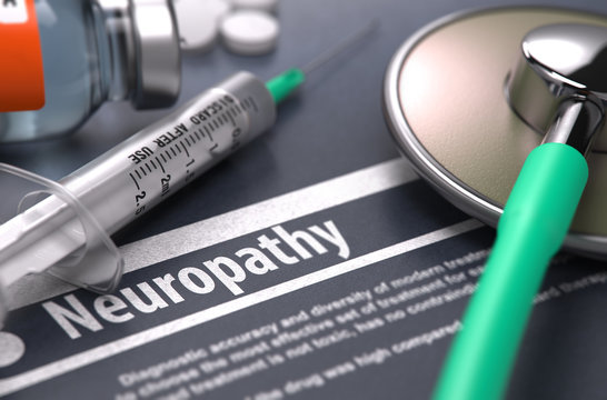 Neuropathy - Printed Diagnosis with Blurred Text on Grey Background and Medical Composition - Stethoscope, Pills and Syringe. Medical Concept. 3D Render.