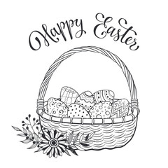 Happy Easter greeting card in sketch style. Easter doodle eggs in basket isolated on white background. Hand drawn Easter basket decorated with flowers.