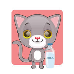 Cute gray cat holding a bottle of milk